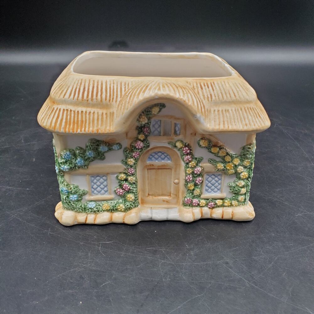 Teleflora Cottage House Ceramic Planter Thatched Roof Garden Flowers